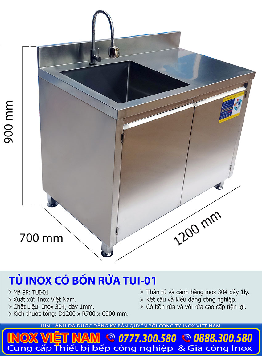Kích thước tủ bếp inox có bồn rửa, tủ đựng chén bát bằng inox 304.