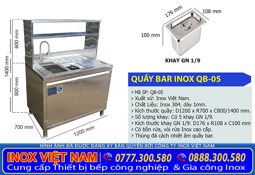 Kích thước quầy bar inox mini, quầy pha chế inox 1m2 QB-05 (Ảnh thật tế).