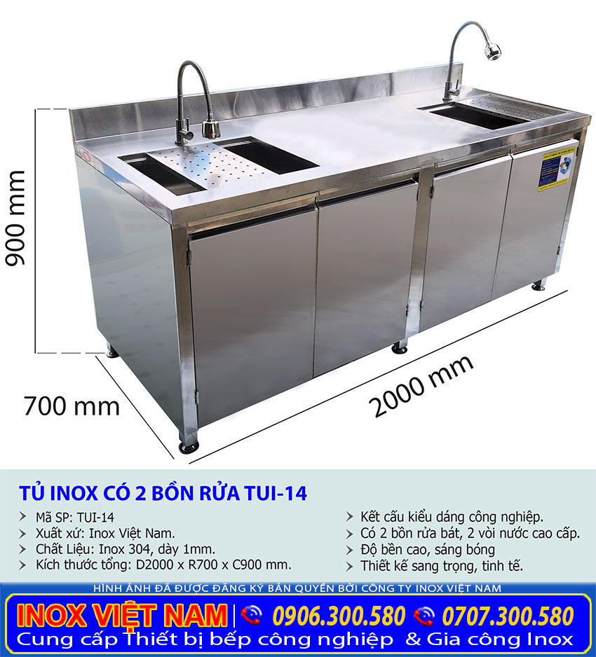Kích thước bồn rửa chén có tủ, tủ bếp inox 304 TUI-14.