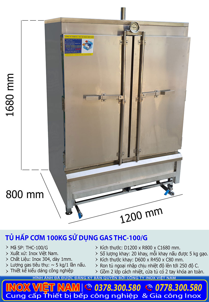 Kích thước tủ nấu cơm công nghiệp 100kg bằng điện và gas THC-100/G.