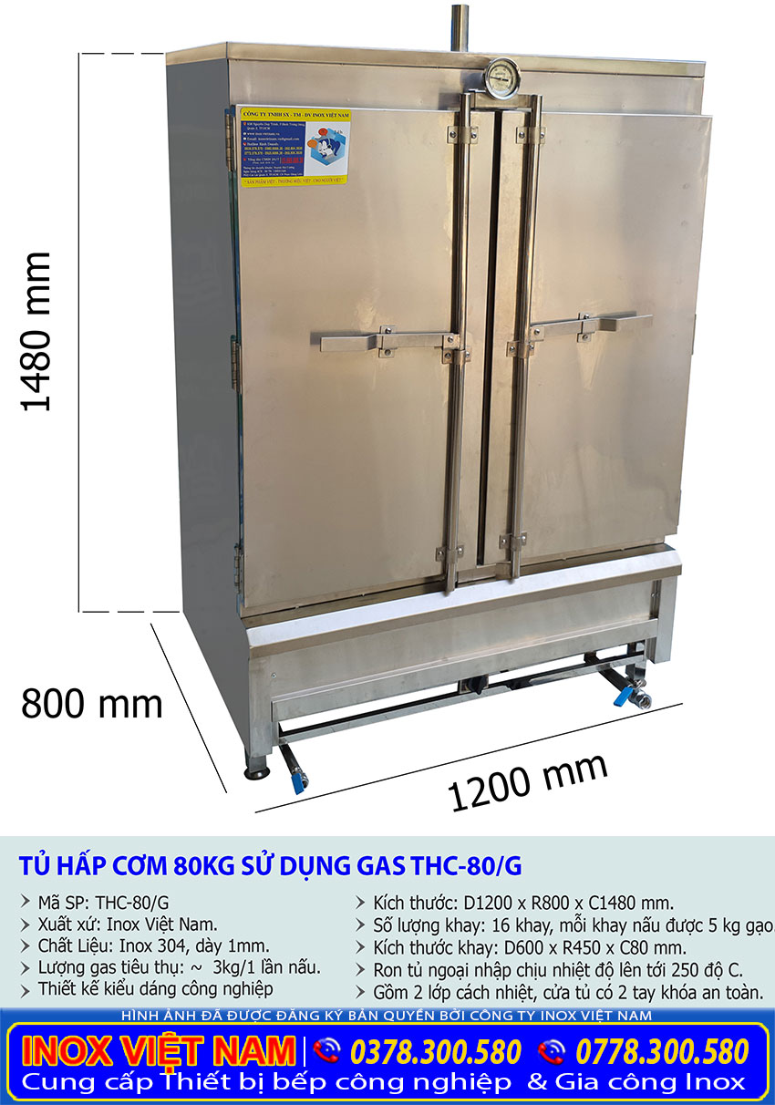 Kích thước tủ nấu cơm công nghiệp, tủ hấp cơm 80kg bằng gas THC-80/G.