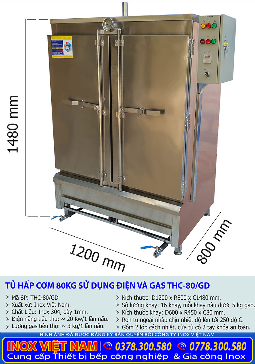Kích thước tủ nấu cơm công nghiệp, tủ hấp cơm 80kg bằng gas và điện THC-80/GD.