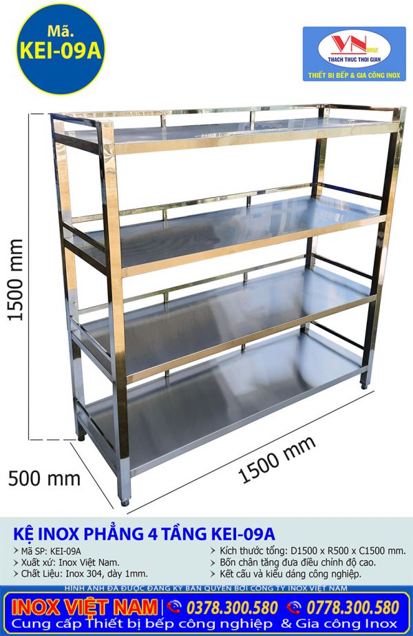 Kệ Inox Phẳng 4 Tầng, Kệ Inox Giá Tốt - Thiết Bị Bếp Inox Công Nghiệp