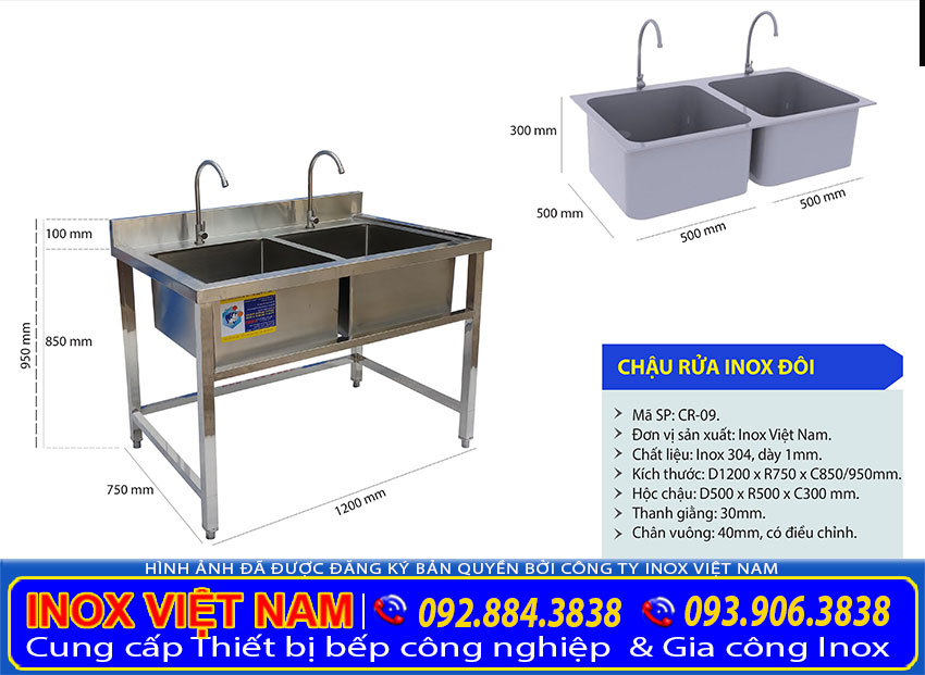 Kích thước chậu rửa inox hộc, bồn rửa chén inox 2 ngăn cao cấp (Ảnh thật tế).