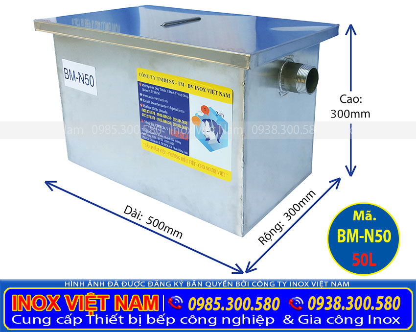 Kích thước bể tách mỡ gia đình, bẫy mỡ inox 50L BM-N50.