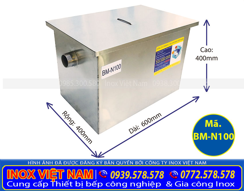 Thông số kỹ thuật bể tách dầu nhà hàng 100 lít, thùng lọc mỡ nhà hàng.