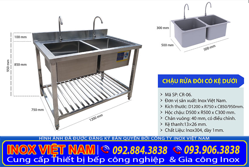 Kích thước chậu rửa đôi công nghiệp CR-06.