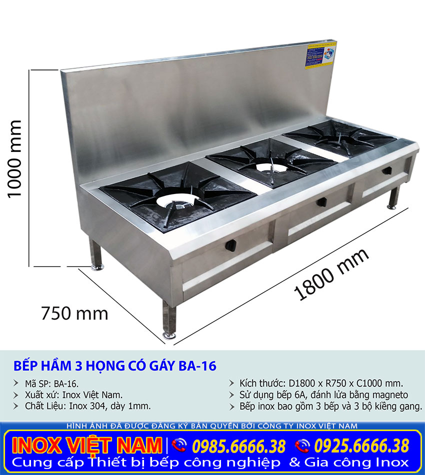 Kích thước bếp hầm công nghiệp 3 họng có gáy.