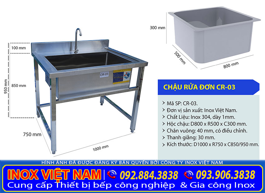 Kích thước chậu rửa đơn loại lớn CR-03
