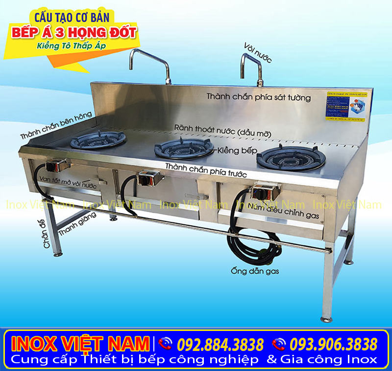Cấu tạo bếp á 3 họng kiềng tô thấp á, bếp khè 3 họng, bếp công nghiệp 3 họng. Với những chi tiết chắc chắn tỉ mỉ. Tạo nên điểm khác biệt sản phẩm bếp á công nghiệp của Inox Việt Nam.