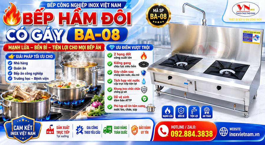 Bếp hầm 2 họng đốt BA-08 hiện đại với gáy chắn sau thông minh, chống bám bẩn dầu mỡ vô cùng hiệu quả.
