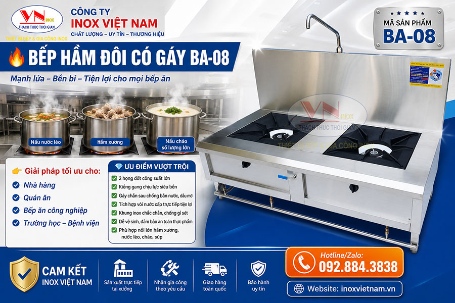 bếp hầm đôi công nghiệp BA-08 sang trọng với hai họng đốt công suất lớn và vòi nước tiện lợi.
