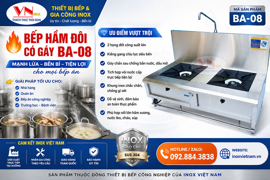 Bếp hầm công nghiệp BA-08 hai họng đốt mạnh mẽ, kiềng gang siêu chịu lực, phù hợp mọi dung tích nồi lớn.