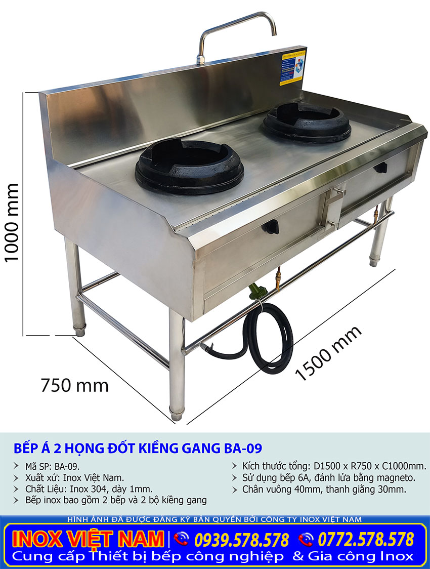 Kích thước bếp gas công nghiệp 2 họng đốt, bếp khè 2 họng kiềng gang BA-09.