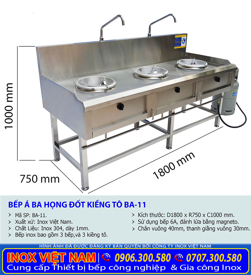 Kích thước bếp á 3 họng kiềng tô, bếp á 3 họng công nghiệp BA-11.