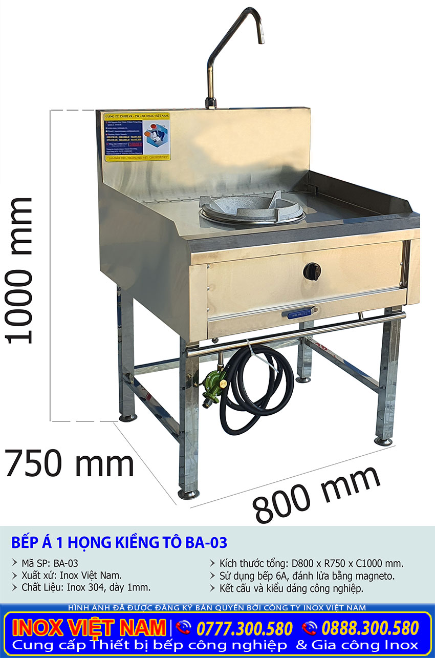 Kích thước bếp á 1 họng đốt, bếp ga công nghiệp 1 họng BA-03.