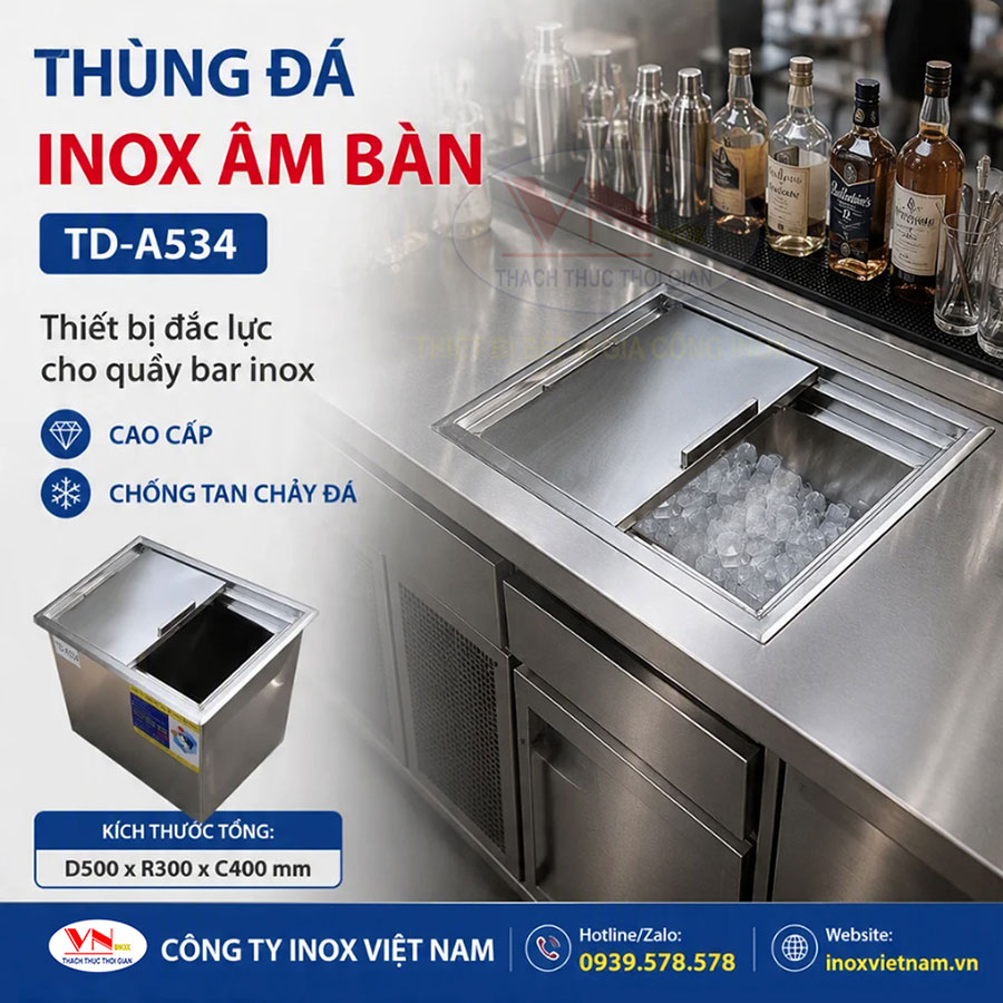Thùng đá inox âm bàn TD-A534 phù hợp quầy bar, trà sữa, cà phê và nhà hàng chuyên nghiệp.
