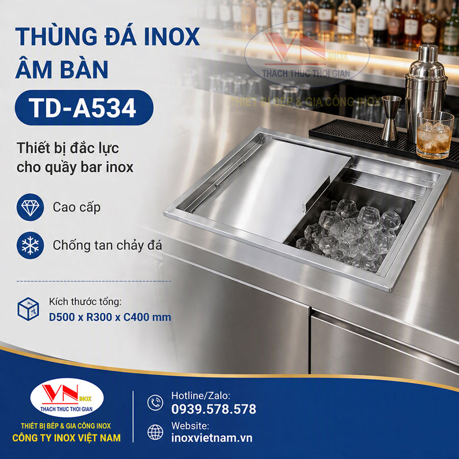 Thùng đá inox âm bàn TD-A534 thiết kế nắp lùa tiện lợi, thao tác lấy đá nhanh và gọn gàng.