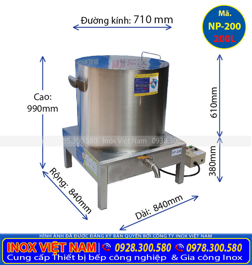 Kích thước nồi nấu phở bằng điện 200L của Thiết bị bếp inox công nghiệp. (Ảnh thật tế).