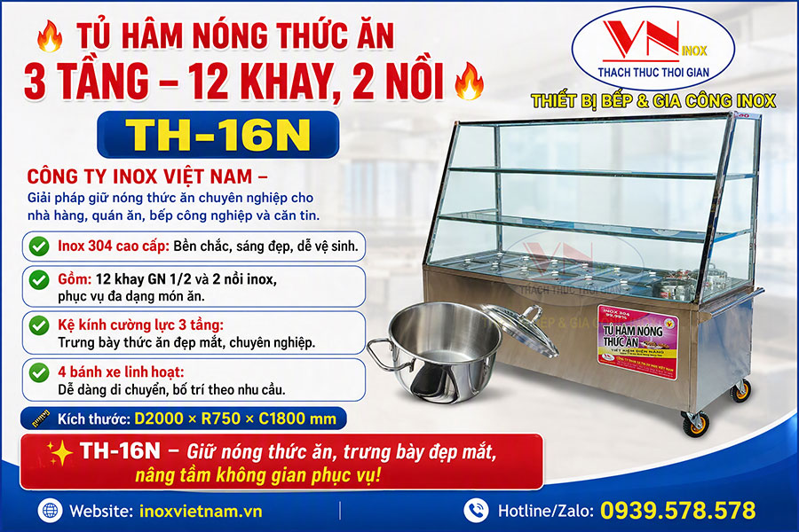 Tủ giữ nóng thức ăn 12 khay 2 nồi TH-16N tiện lợi để sắp xếp nhiều món riêng biệt.