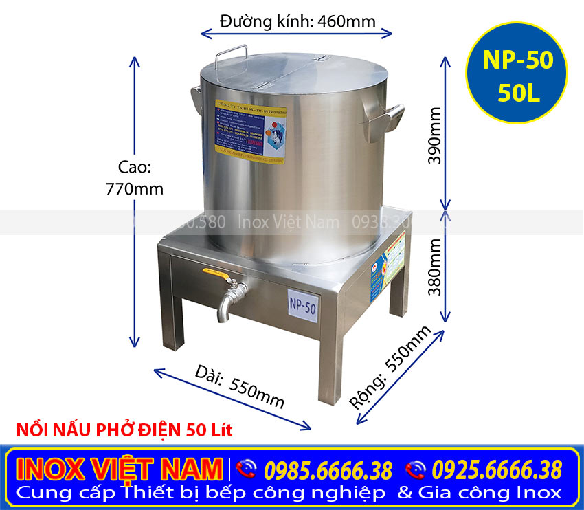 Kích thước nồi nấu phở bằng điện 50L.