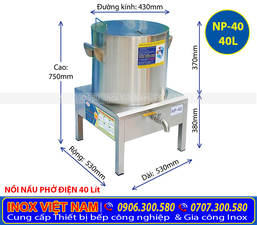 Kích thước nồi nấu phở bằng điện 40L.