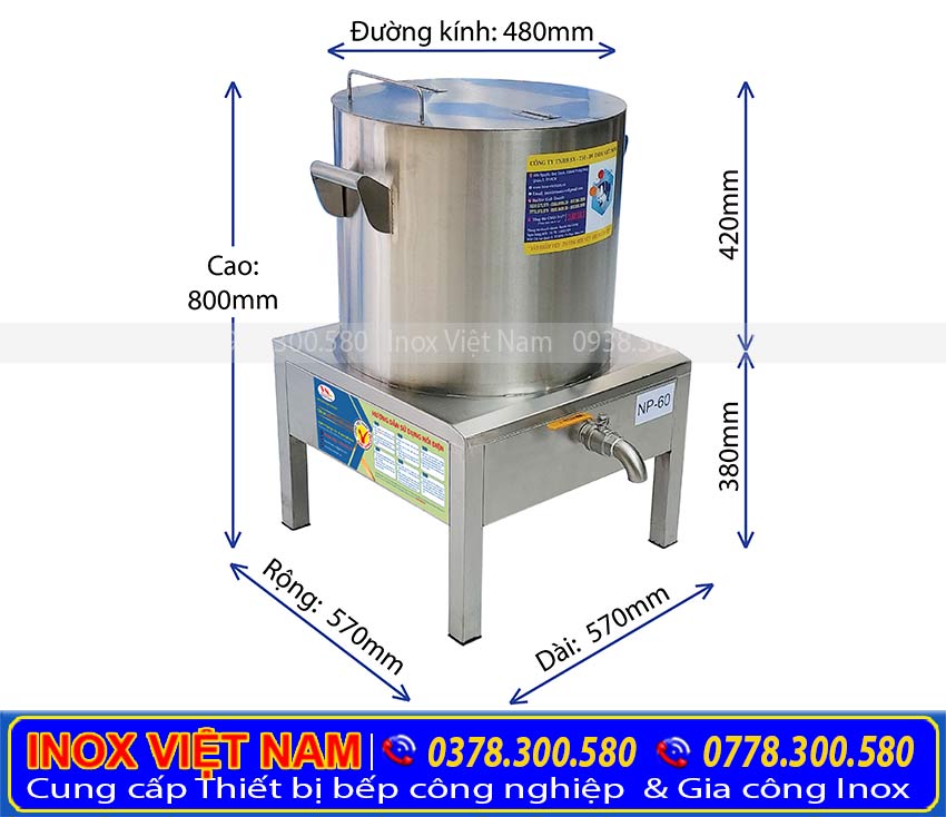 Kích thước nồi ninh xương, nồi nấu hủ tiếu, nồi nấu phở bằng điện 60L.