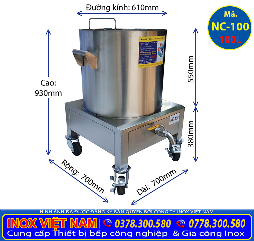 Kích thước nồi nấu cháo công nghiệp 100L.