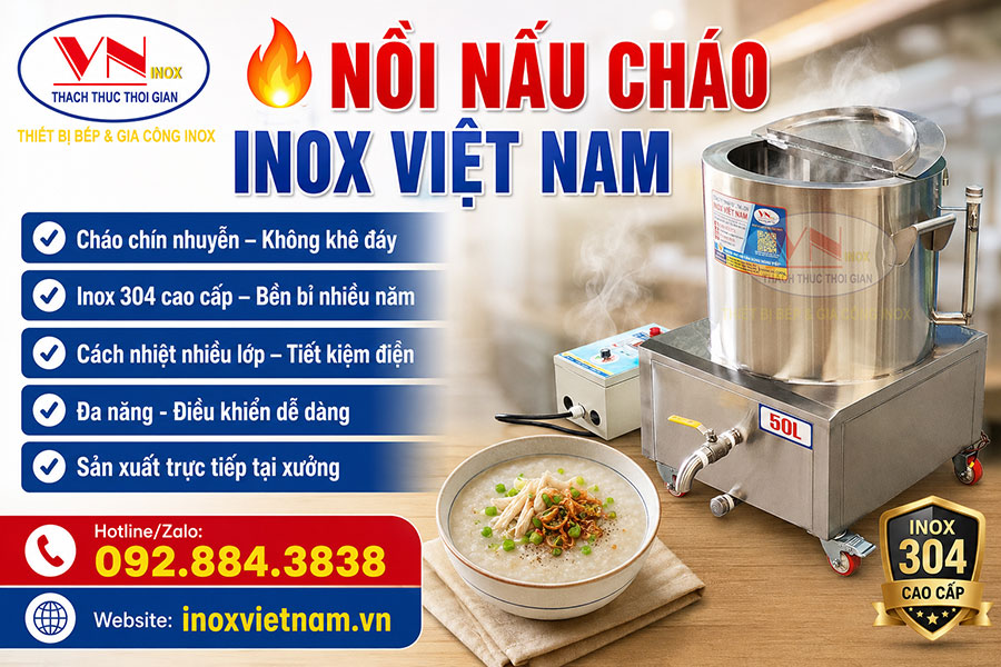 Nồi nấu cháo công nghiệp 50L bằng điện giúp nấu cháo nhanh, hạn chế cháy khét và tiết kiệm nhân công.