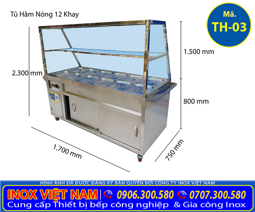 Kích thước tủ hâm nóng thức ăn 12 khay có mái kính (Ảnh thật tế).