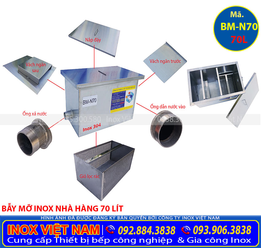 Cấu tạo của bẫy mỡ inox, bể tách mỡ inox, bể tách dầu mỡ 3 ngăn