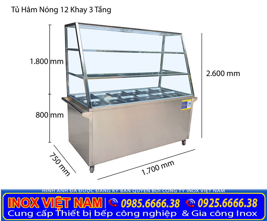 Kích thước tủ hâm nóng thức ăn 12 khay 3 tầng.