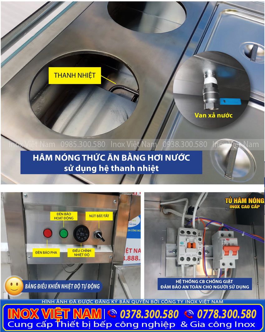 Tủ hâm nóng thức ăn, tủ giữ nóng thức ăn có cấu tạo như thế nào. Hình ảnh thực tế cấu tạo tủ hâm nóng thức ăn của Inox Việt Nam.