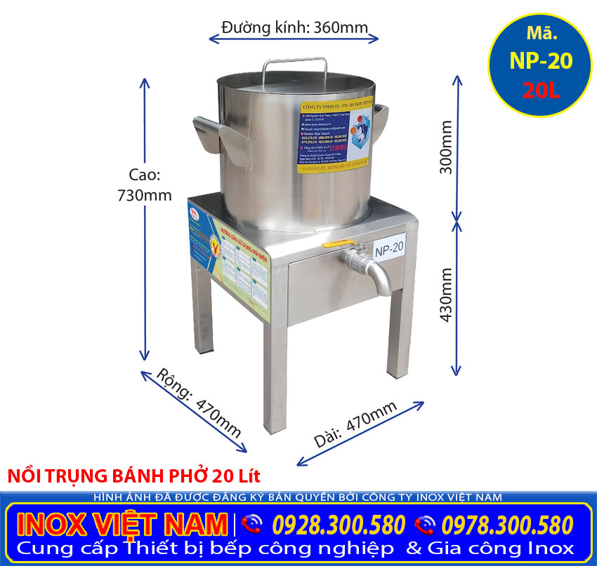 Kích thước nồi nhúng bánh phở bằng điện 20L.
