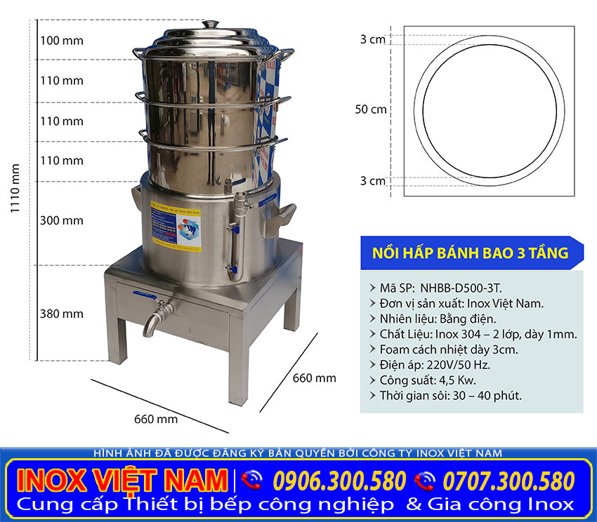 Kích thước nồi hấp bánh bao 3 tầng, nồi hấp bánh bao công nghiệp.
