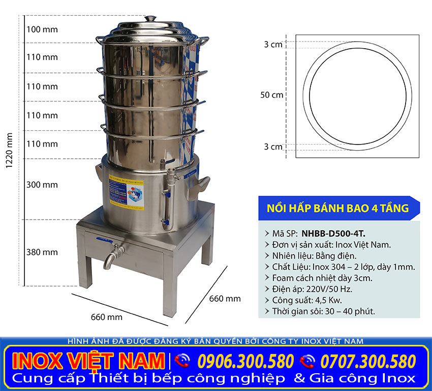 Kích thước nồi hấp bánh bằng điện, nồi hấp bánh bao công nghiệp 4 tầng NHBB-D500-4T.