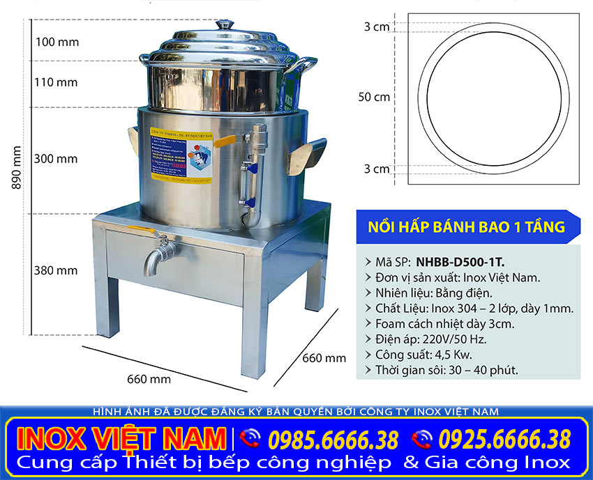Kích thước nồi hấp bánh bao bằng điện, nồi hấp bánh bao công nghiệp 1 tầng NHBB-D500-1T.