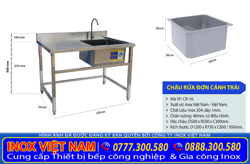 Kích thước chậu rửa inox đơn có bàn rửa cánh trái CR-16.