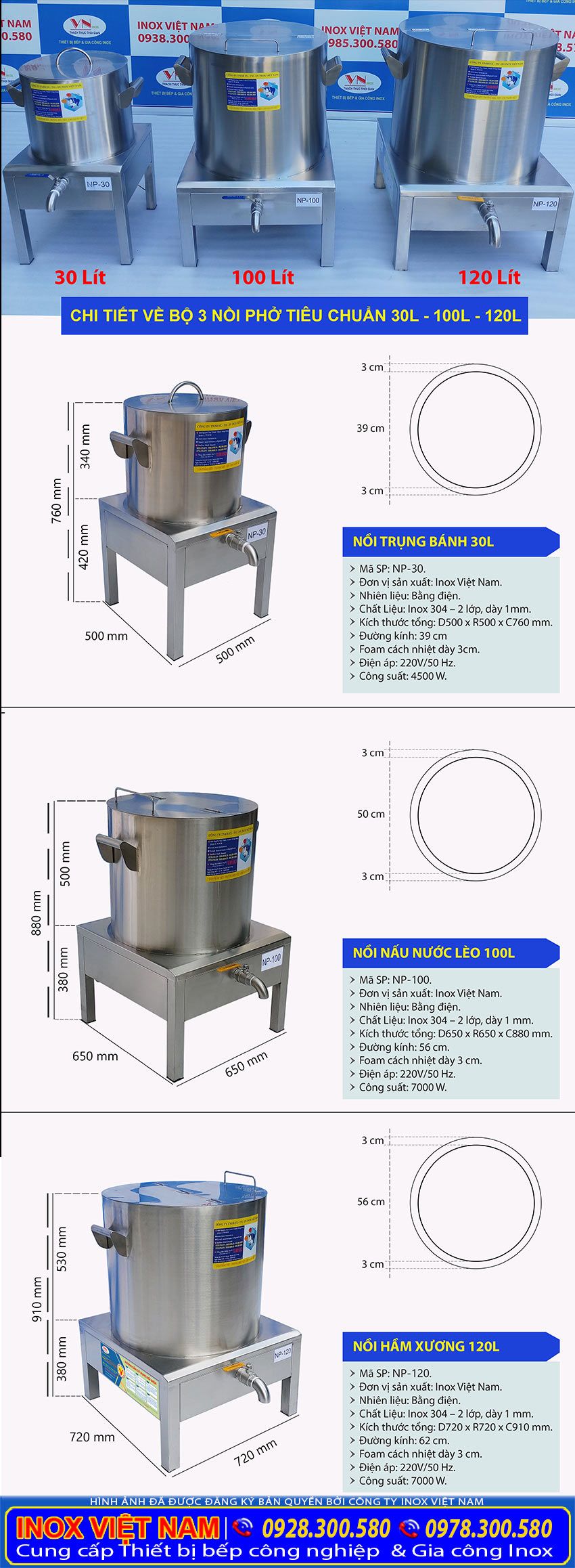 Kích thước bộ nồi nấu phở bằng điện 30L – 100L – 120L.
