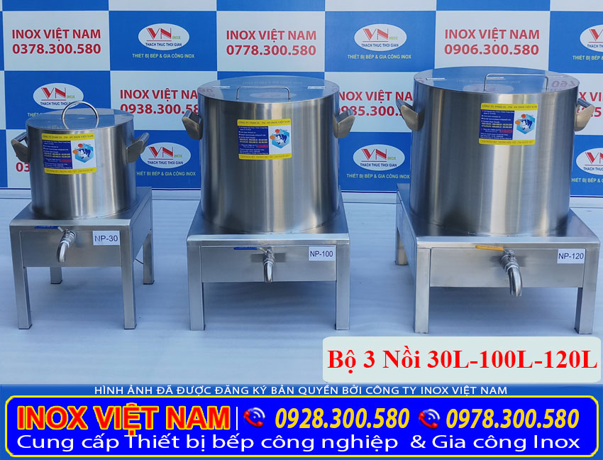 Bộ 3 nồi nấu phở bằng điện tiêu chuẩn 30L – 100L – 120L , bộ nồi inox cao cấp của Inox Việt Nam ( Ảnh thật tế). 