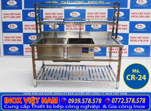 Thiết bị bếp inox công nghiệp - Địa chỉ mua chậu rửa đôi inox cánh phải có kệ trên và dưới CR-24 giá tốt nhất tại TPHCM (Ảnh thật tế).