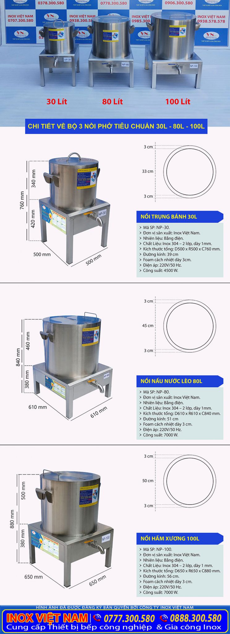 Kích thước bộ 3 nồi nấu phở bằng điện 30L – 80L – 100L.