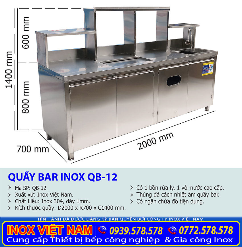 Kích thước quầy pha chế trà sữa inox, quầy bar inox QB-12 (Ảnh thật tế).
