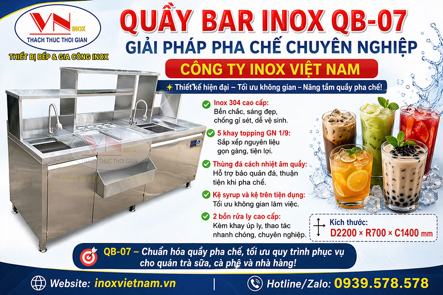 Quầy bar inox QB-07 được gia công tỉ mỉ, đường nét tinh tế, mang đến sự bền bỉ và vẻ đẹp chuyên nghiệp cho quán.