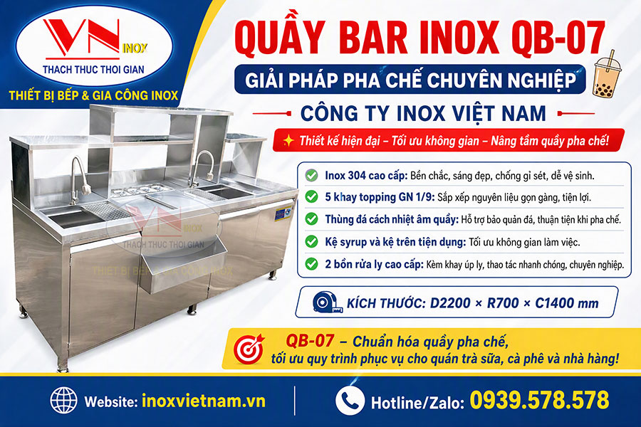 Quầy bar trà sữa inox QB-07 là lựa chọn lý tưởng cho quán cà phê, trà sữa nhờ thiết kế đẹp mắt, tiện dụng và dễ bảo quản.