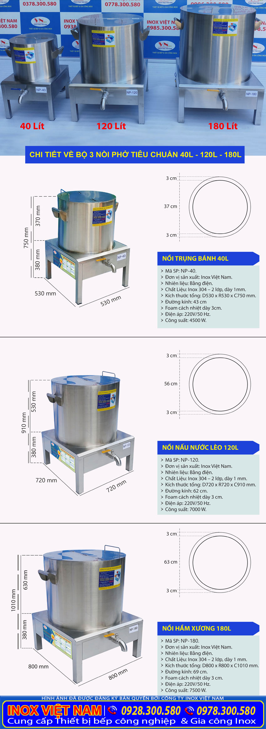 Thông số kỹ thuật bộ 3 nồi điện nấu phở tiêu chuẩn 40L – 120L – 180L.