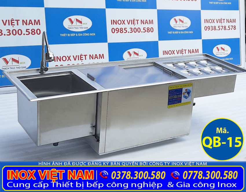 Thiết bị bếp inox công nghiệp - Địa chỉ mua bộ 3 [chậu rửa – thùng đá – khay GN] âm quầy QB-15 giá tốt tại TPHCM.