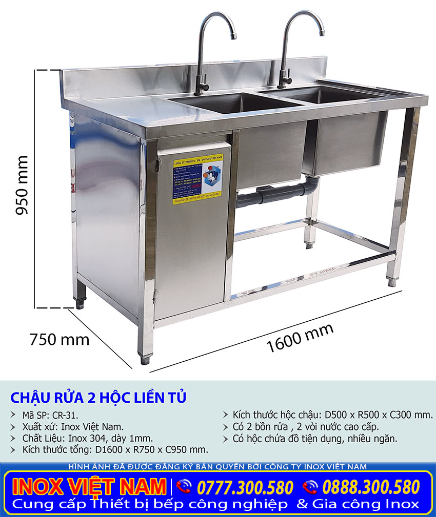 Kích thước chậu rửa inox 2 hộc liền tủ, bồn rửa chén inox 2 ngăn CR-31.