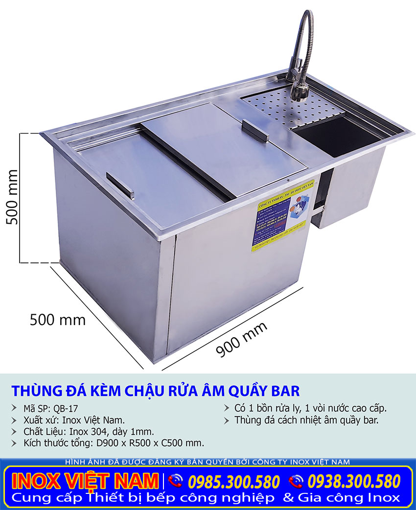Thông số kỹ thuật kích thước Thùng đá inox âm bàn kèm chậu rửa quầy bar QB-17.