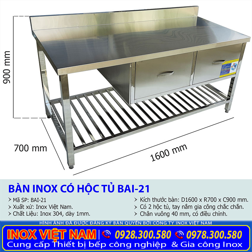 Kích thước bàn sơ chế,  bàn bếp inox có 2 hộc tủ BAI-21.